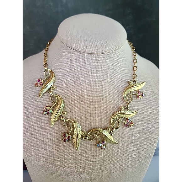 Judy Lee AB Pink Crystal Leaf Necklace Vintage - Picture 3 of 12